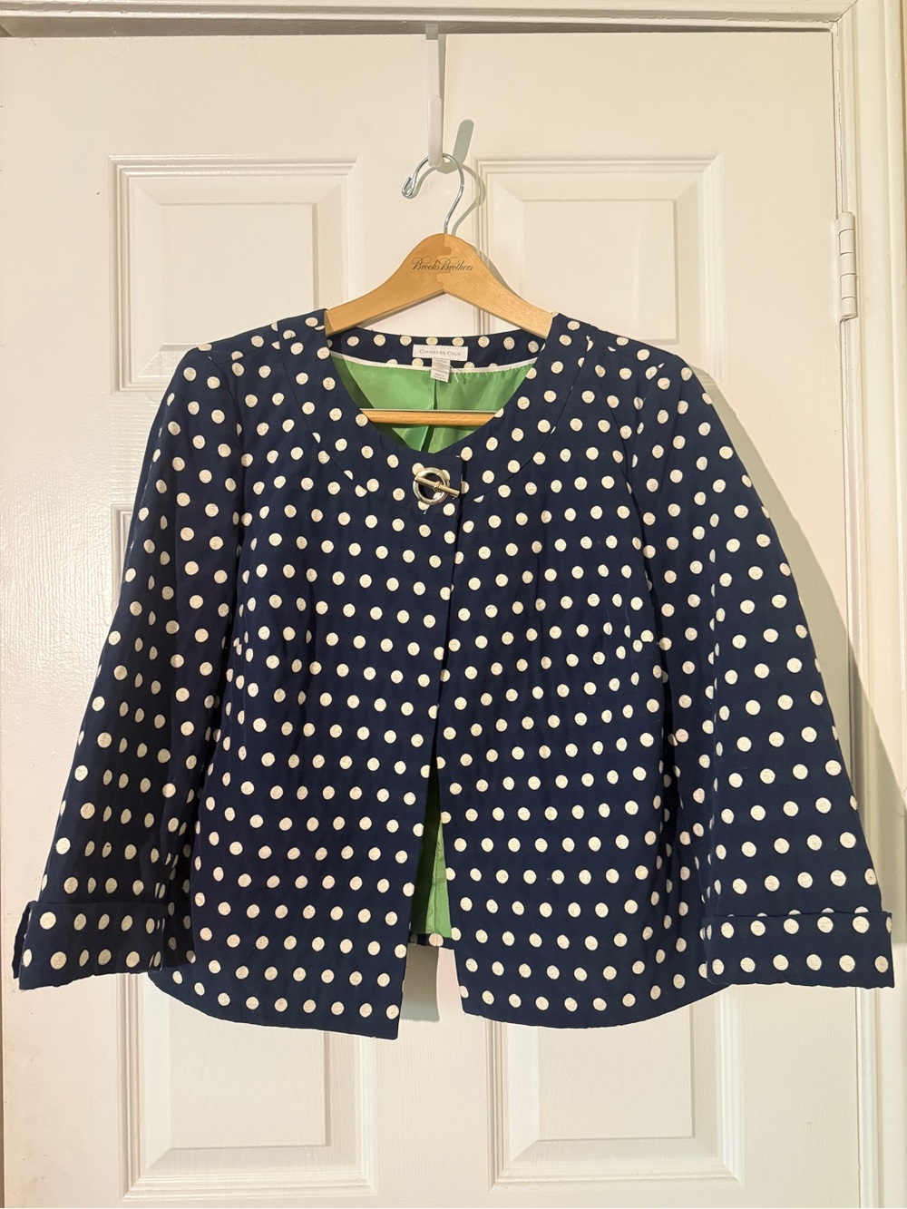 Charter Club Navy and White Polka Dot Cropped Blazer